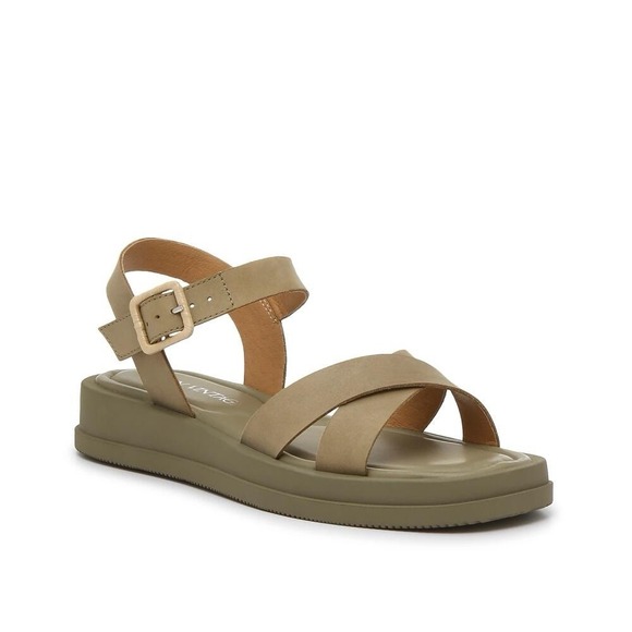 Crown Vintage Shoes - Woman's Sandals 10 Green Leather Cross Cross Boho Flatform Platform Cross Cross